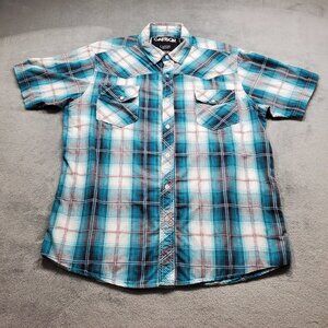 Carbon Western Button Up Short Sleeve Plaid Shirt Green Rust Red White Men Sz L